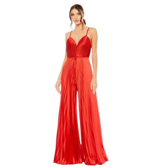 Mac Duggal Pants - Ieena for Mac Duggal NEW Red Pleated Plunge Neck Wide Leg Jumpsuit Size 10 26319